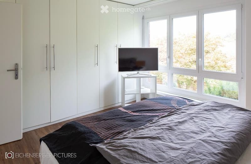Modern bedroom with a large bed, nightstand, television, and built-in white wardrobe. Large windows provide natural light.