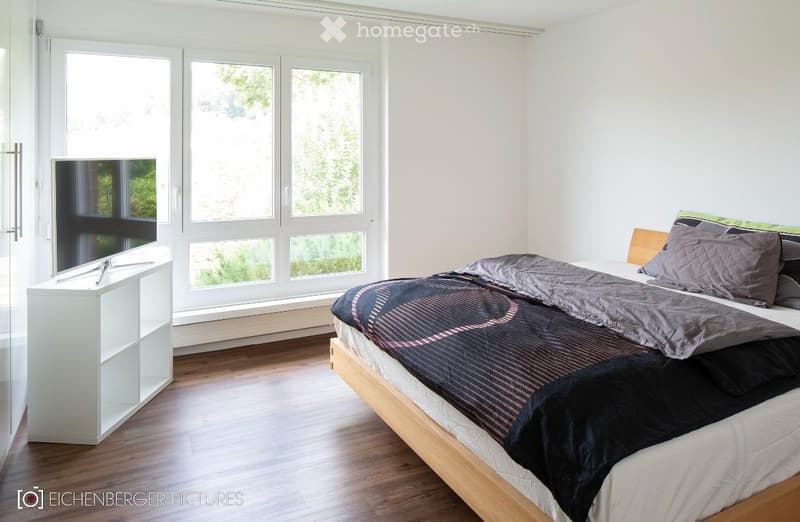 Modern bedroom with a large bed, grey bedding, a nightstand, and a television on a white stand. Large windows provide natural light.