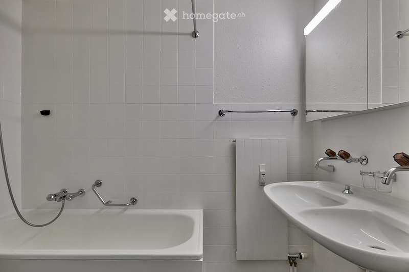 modern bathroom, white tiles, bathtub, double sink, wall-mounted radiator, white mirror, faucets, shower head