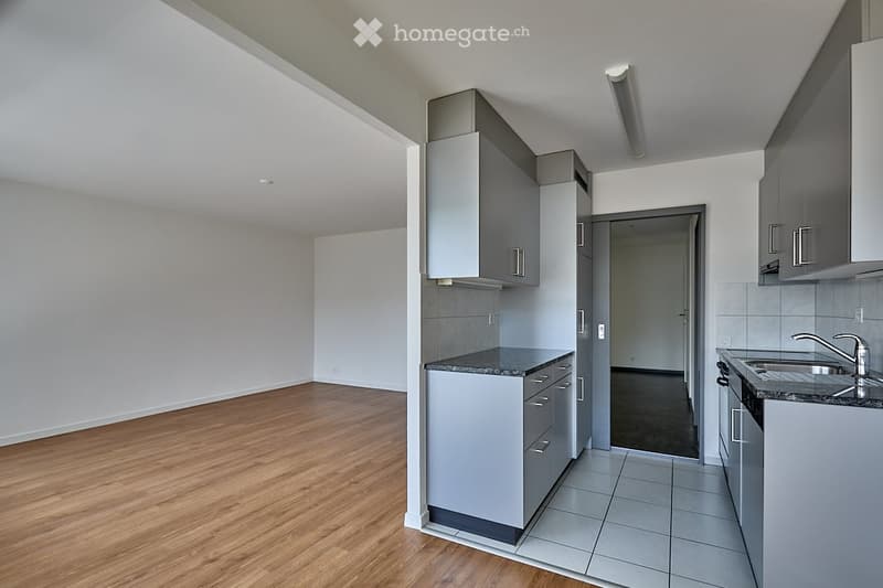 modern minimalist kitchen, white tiled flooring, white ceiling, wooden floor, integrated cabinets, granite countertop, modern sink with faucet, dishwasher, washing machine, sliding door leading to another room