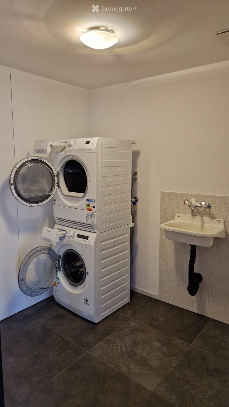 Modern bathroom with a stacked washing machine and dryer unit, a small sink with faucet, and tiled walls.