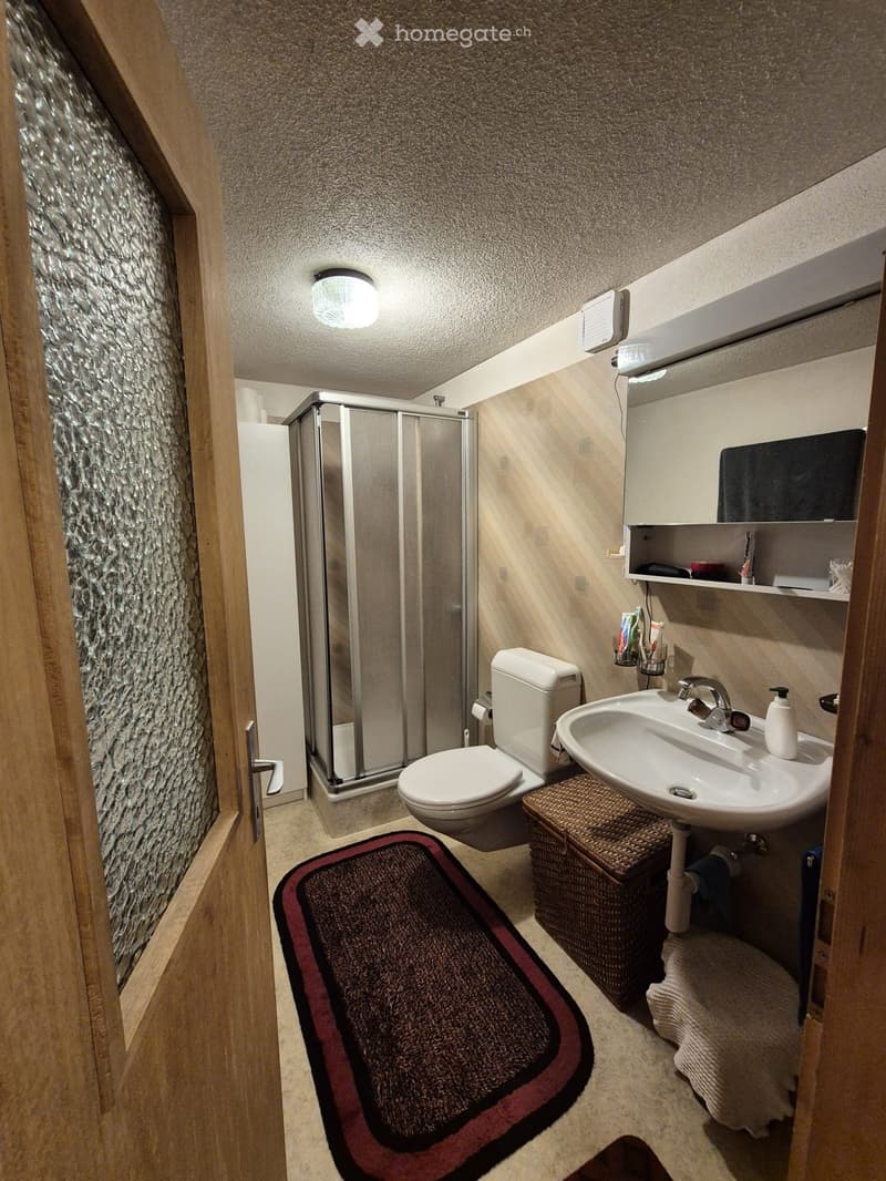 Modern bathroom with a toilet, sink, mirror, and glass-enclosed shower. Features a wicker basket, toothbrush holder, and a dark bath mat.