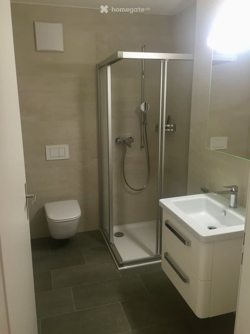 Modern bathroom with a glass-enclosed shower, toilet, and sink with a modern faucet. The walls are tiled in a neutral color, and the floor is covered with dark tiles.