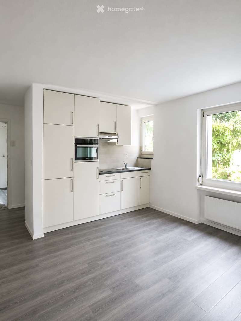 Modern kitchen with light-colored cabinets, stainless steel oven, sink, and faucet, featuring a dark wooden floor and large windows.