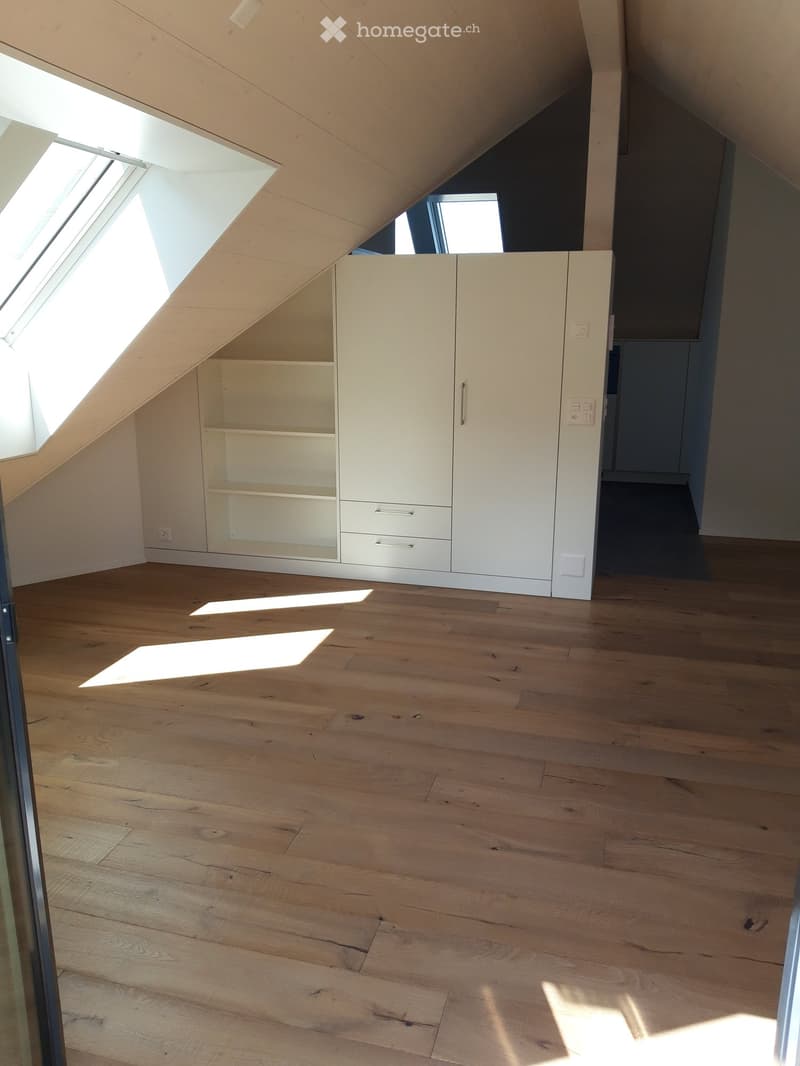 Empty attic room with wooden flooring, white built-in closet, skylight window, and exposed wooden beams on the ceiling.