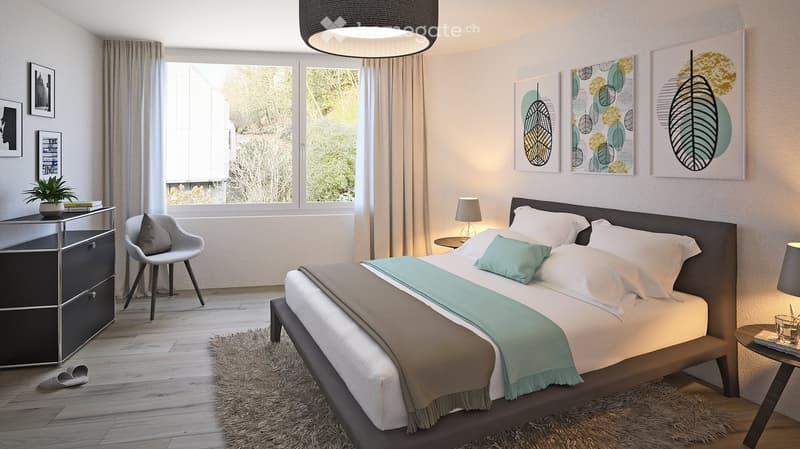 Modern bedroom with a large bed, nightstand, chair, and artwork on the walls. The room features large windows with curtains and a potted plant on a dresser.