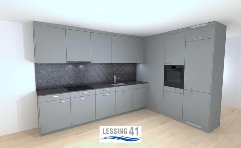 Modern kitchen with grey cabinets, a dark countertop, a sink, and an oven.