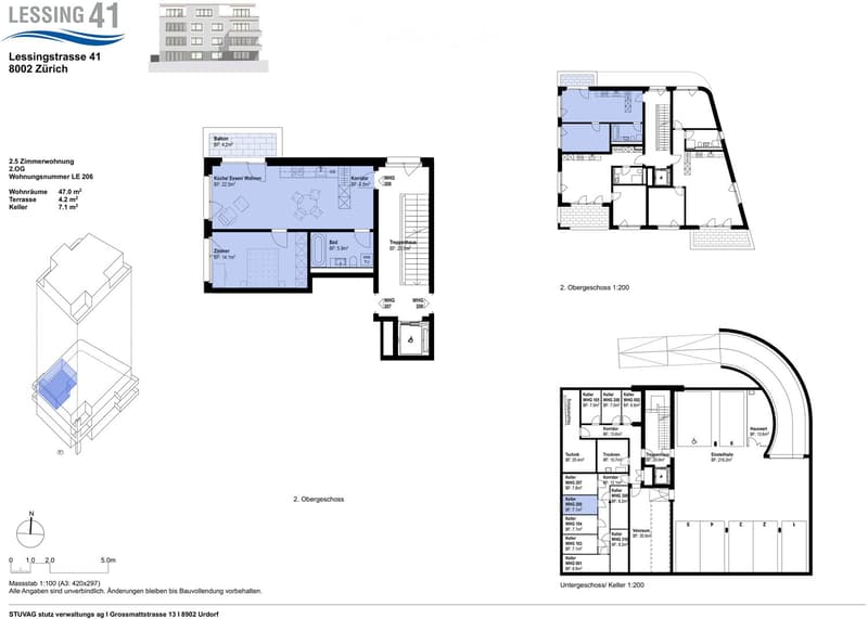 Floor plan of a multi-story residential building showing various apartments, including a 2.5-room apartment on the second floor with a kitchen, living area, bedroom, bathroom, and balcony. The plan also includes a terrace, staircase, and additional units
