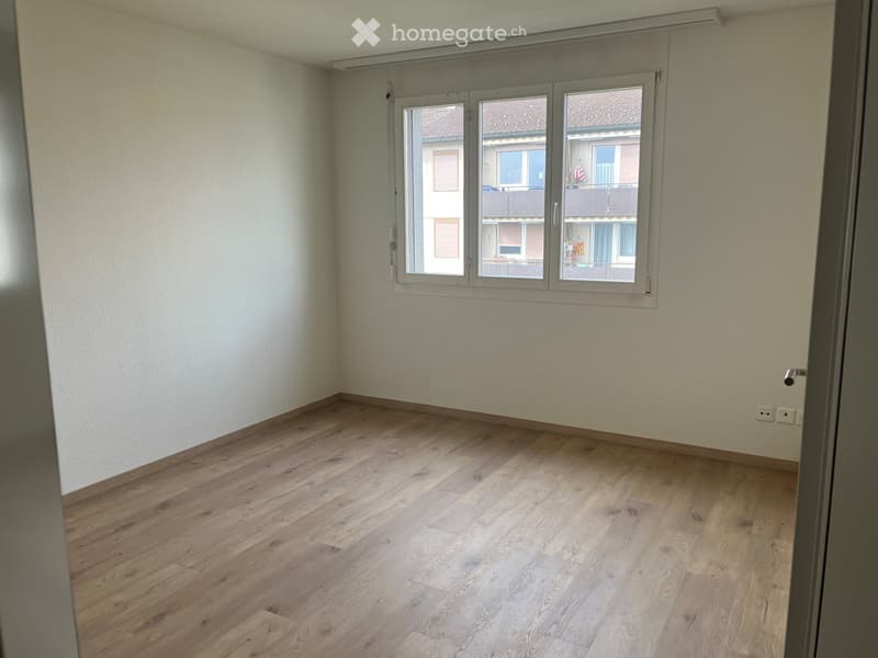 Empty room with light wooden flooring and white walls, featuring a large window with multiple panes overlooking a residential area.