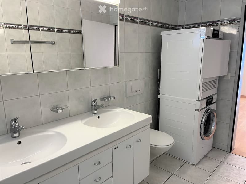 Modern bathroom with a white sink, mirror, cabinet, toilet, and a stacked washer/dryer unit.