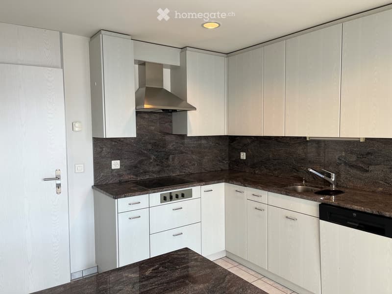 Modern kitchen with white cabinets, dark countertops, stainless steel sink, stove, and dishwasher.