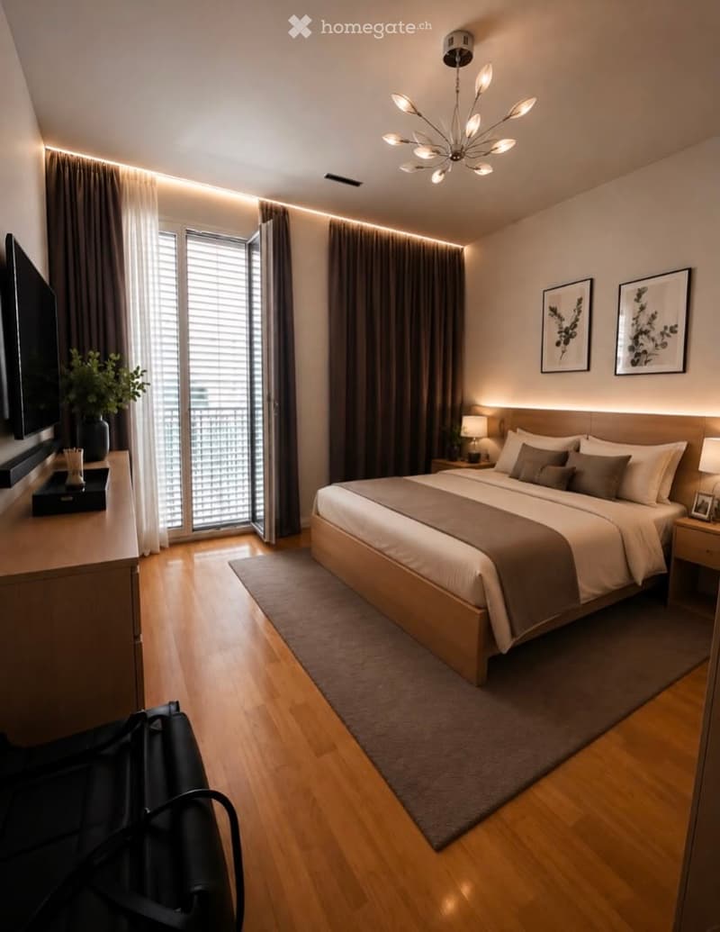 Modern bedroom with a large bed, nightstands, lamps, curtains, picture frames, a chair, a table, a screen, a plant, and a handbag on the floor.