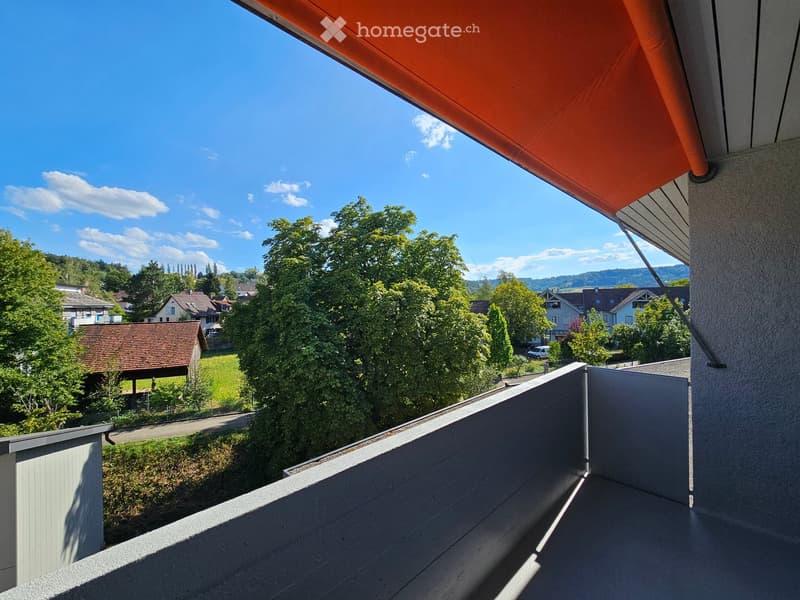 Balcony with grey concrete floor, grey walls, and an orange retractable awning, overlooking a green residential area with trees and houses.