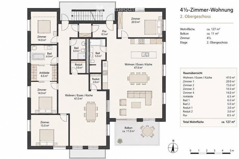 Floor plan of a 4.5-room apartment on the second floor, featuring four bedrooms, two bathrooms, two small closets, a hallway, a living/dining/kitchen area, and a balcony.