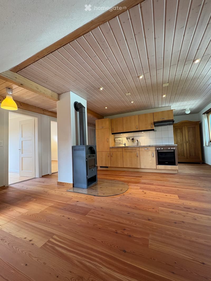 The room features wooden flooring, wooden ceiling, and wooden cabinets. A stove is placed in the center, and a wooden wardrobe is visible on the right side. The room has a wooden door leading to another space.