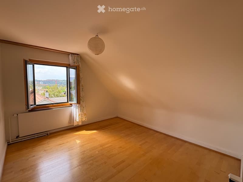 Empty room with wooden flooring, large window with open shutters, light fixture, radiator, and light-colored walls.