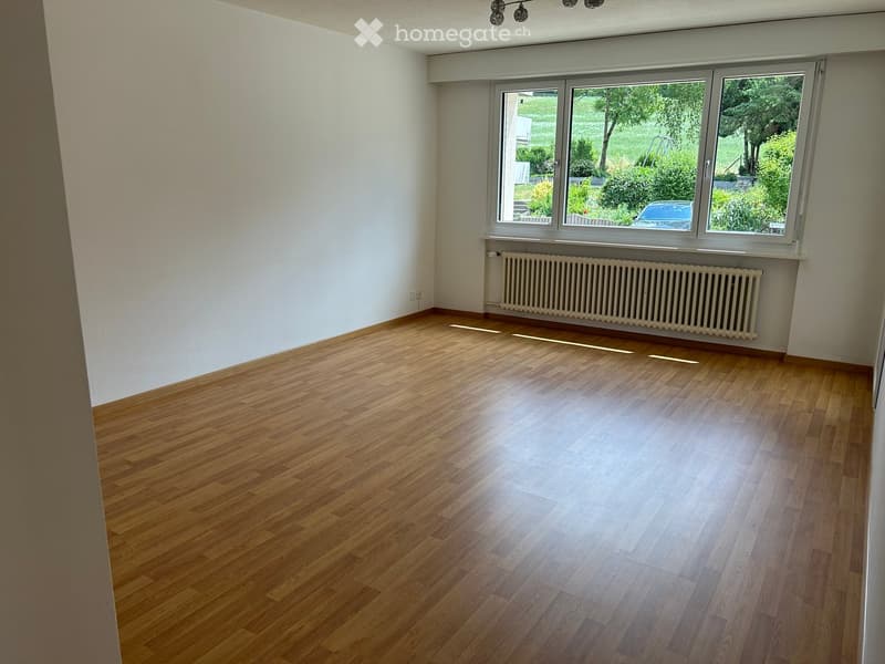 Empty room with wooden flooring, white walls, large window with view of greenery, radiator below window, and visible electrical outlet on wall.
