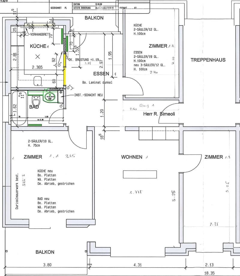 Floor plan showing a kitchen, dining area, living room, three bedrooms, two bathrooms, and two balconies.