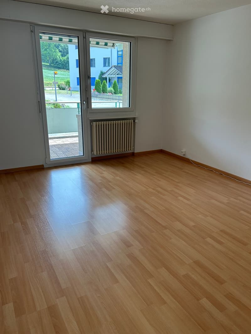 Empty room with wooden flooring, white walls, large window with view, radiator, and sliding glass door leading to balcony.