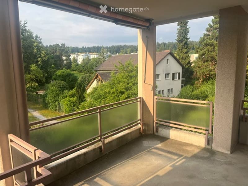 Balcony with glass railing, overlooking a green landscape with trees and houses.