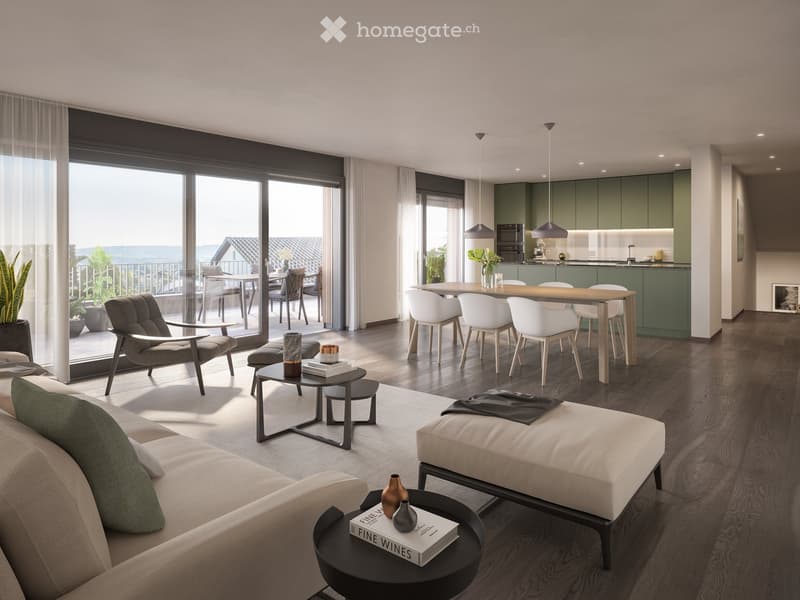 Open plan living area, dining area, balcony, large windows, wood flooring, modern furniture