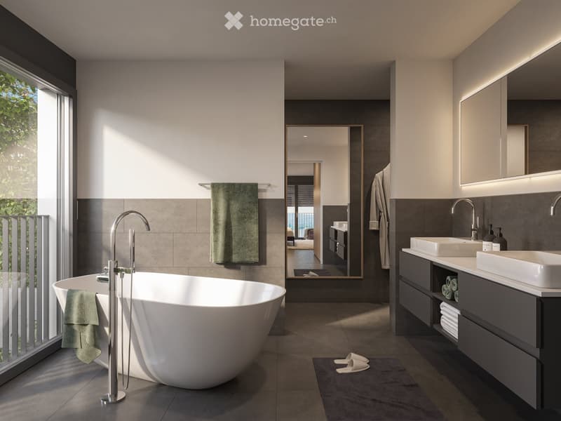 White bathtub, modern faucet, double sinks, mirror, open shelves, towel racks, green towels, large sliding glass window with grills