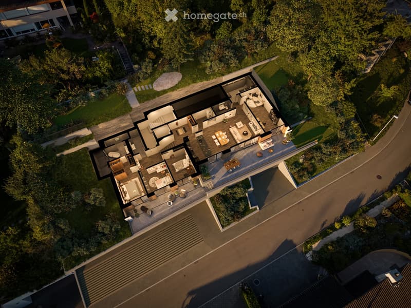 Aerial view of a modern house floor plan with multiple bedrooms, bathrooms, a living area, and outdoor spaces including a patio and garden.