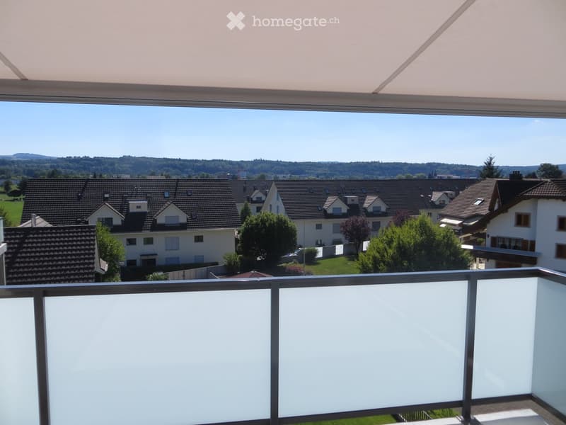Balcony with a view of a suburban neighborhood, featuring houses with pitched roofs, trees, and distant hills under a clear blue sky.