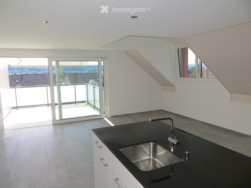 Modern kitchen with white cabinets, black countertop, stainless steel sink, and large windows offering a scenic view.