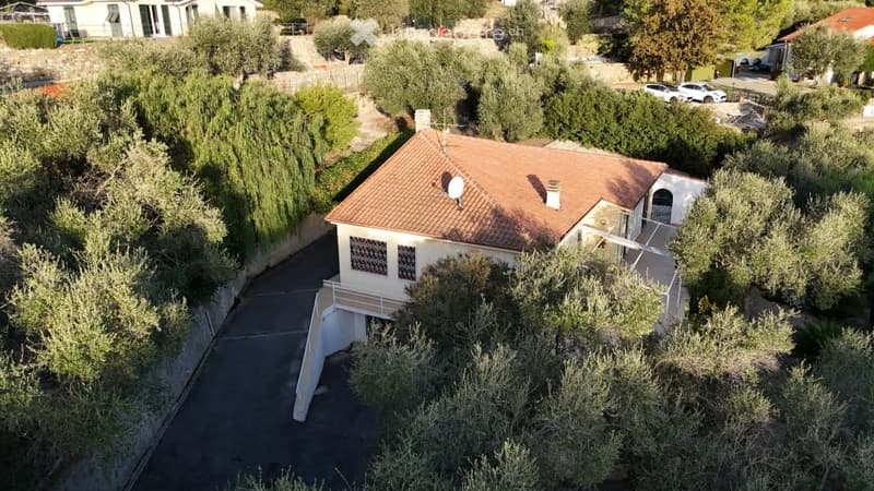 Aerial view of a two-story house with a red-tiled roof, surrounded by olive trees and greenery. The house features a balcony and a driveway leading to a parking area.