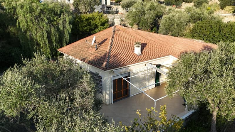 Single-story house with a terracotta-tiled roof, surrounded by lush greenery and olive trees. Features a covered patio area with a sliding glass door leading to the interior.