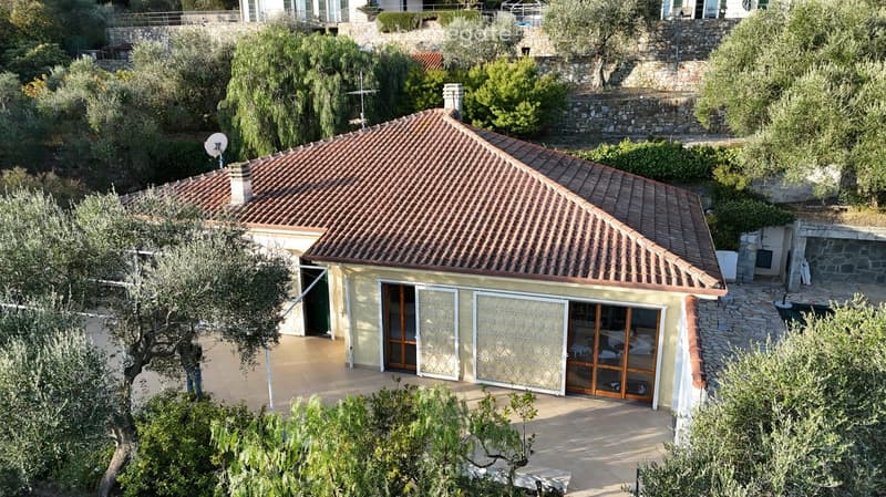 A single-story house with a terracotta-tiled roof, surrounded by olive trees and greenery. The house features large glass doors leading to a patio area.