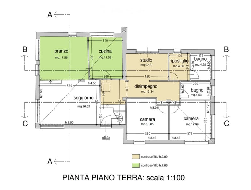 Ground floor plan showing living room, kitchen, studio, storage, hallway, two bedrooms, and two bathrooms.