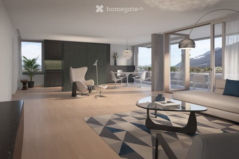 modern living room with hardwood floor, open floor plan with kitchen, large windows, sliding glass doors to balcony, modern furniture