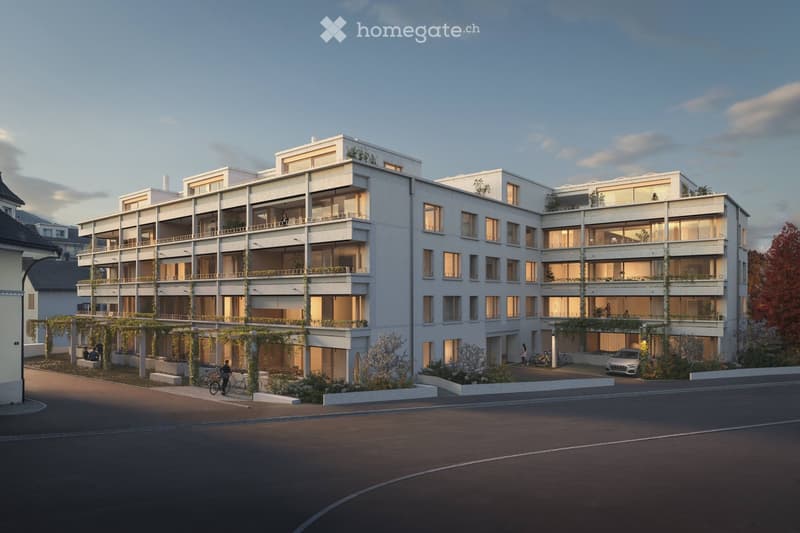 multistory residential building, white exterior, large windows, balconies, landscaped garden, parking lot, bicycles