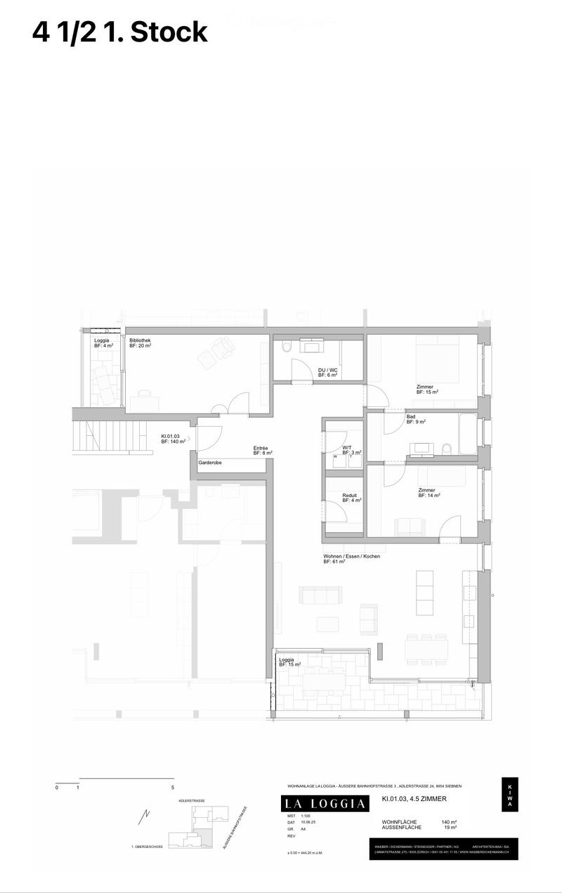 Ground floor plan of a semi-detached house with open living room, dining room, kitchen, 1 bedroom, 1 bathroom, laundry room, office, balcony, terrace, separate WC, utility room, entrance hall, storage room, basement.