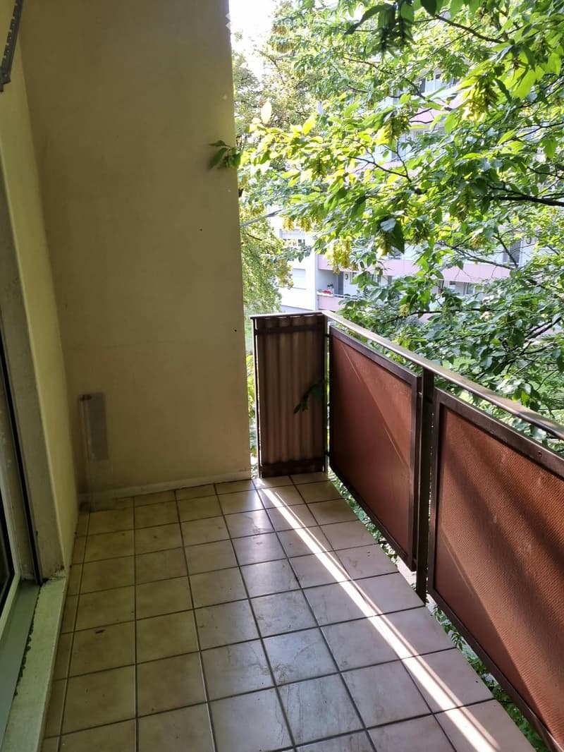 Balcony with tiled floor, metal railing, and wooden gate, surrounded by greenery and neighboring buildings.