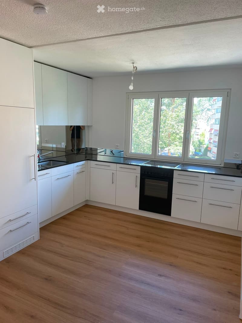 Modern kitchen with white cabinets, black countertop, wooden floor, and large windows offering a view of greenery.