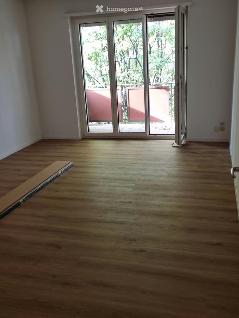 Empty room with wooden flooring and large sliding glass doors leading to a balcony with a red railing.