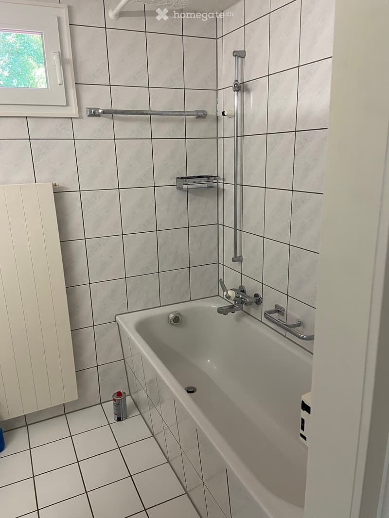 Bathtub with a faucet, handrail, radiator, and window in a tiled bathroom.