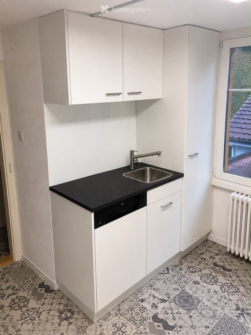Modern kitchen with white cabinets, black countertop, stainless steel sink, and dishwasher. The floor features a patterned tile design.
