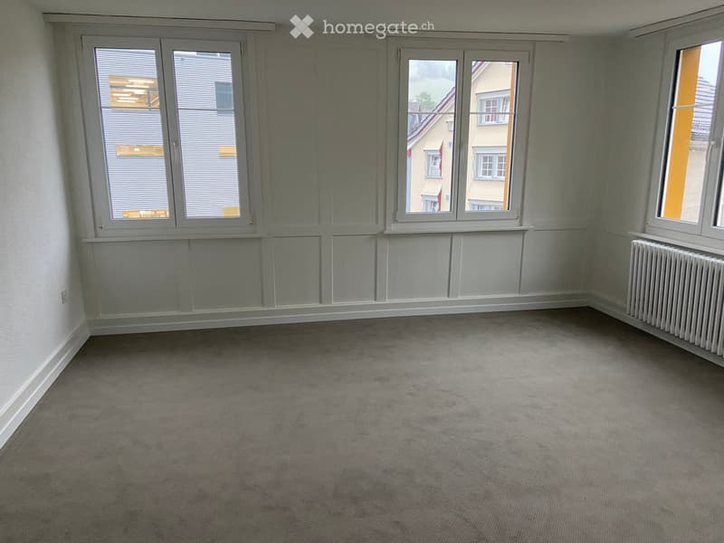 Empty room with light grey carpet, white walls, and large windows with white frames. A white radiator is visible on the right side.