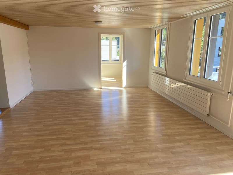 Empty room with wooden flooring, white walls, large windows, and a radiator. No furniture or equipment present.