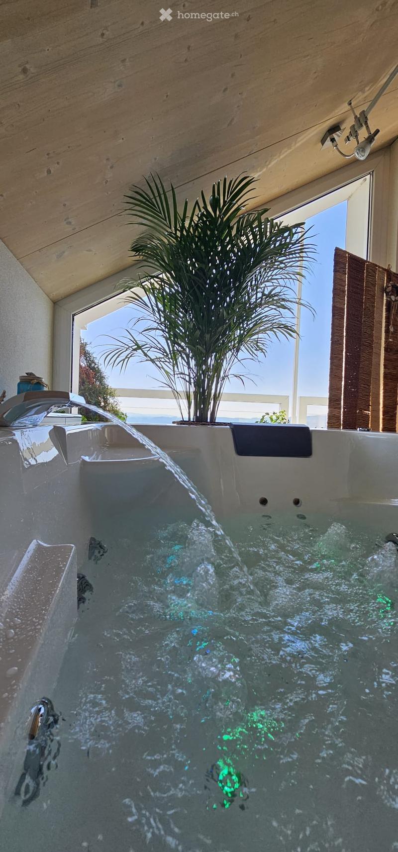A modern hot tub with water flowing from a faucet, surrounded by a wooden deck and a potted plant, with a scenic ocean view in the background.