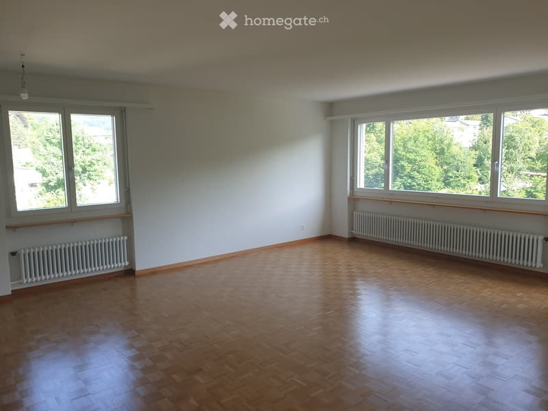 Empty room with wooden flooring, white walls, large windows, and radiators along the walls.