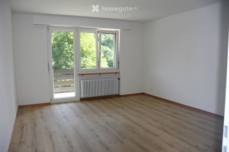 Empty room with wooden flooring, white walls, large windows, and a radiator. No furniture or equipment present.