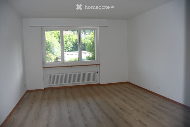 Empty room with wooden flooring, white walls, large window with white frame, radiator below window, and baseboard trim.