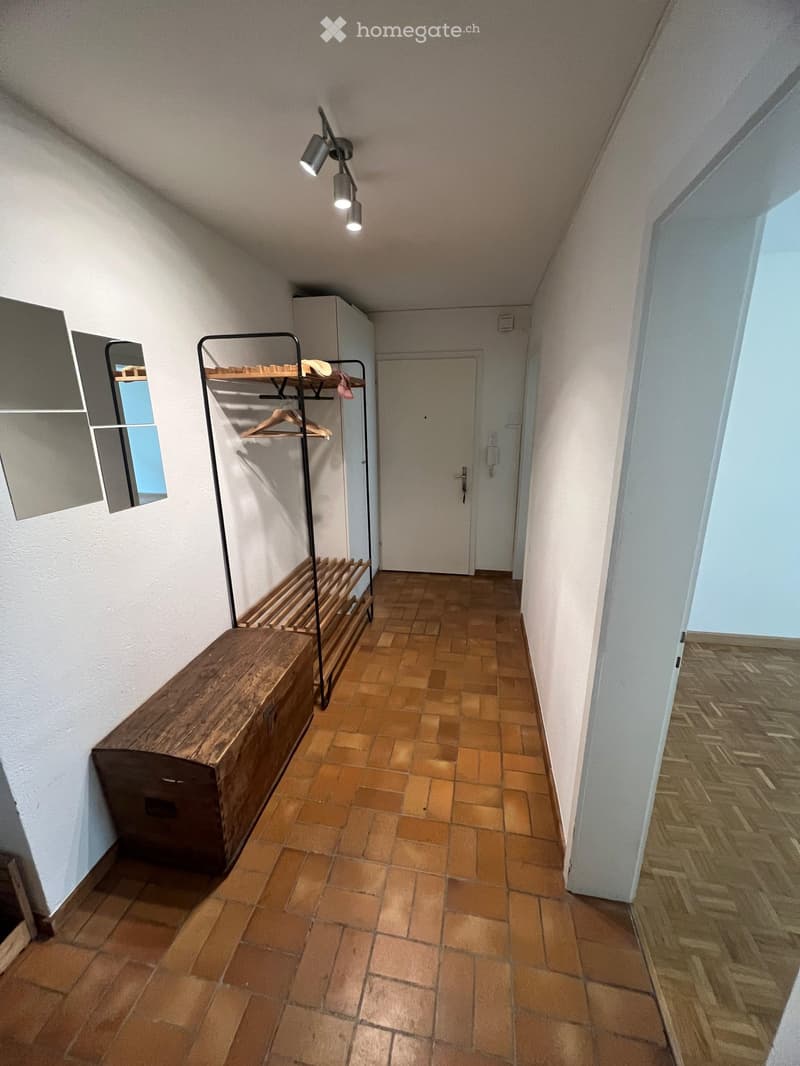 A narrow hallway with wooden tiled flooring, white walls, and a slanted ceiling. Features include a wooden bench, a metal coat rack with hangers, a small mirror, and a closed door at the end.