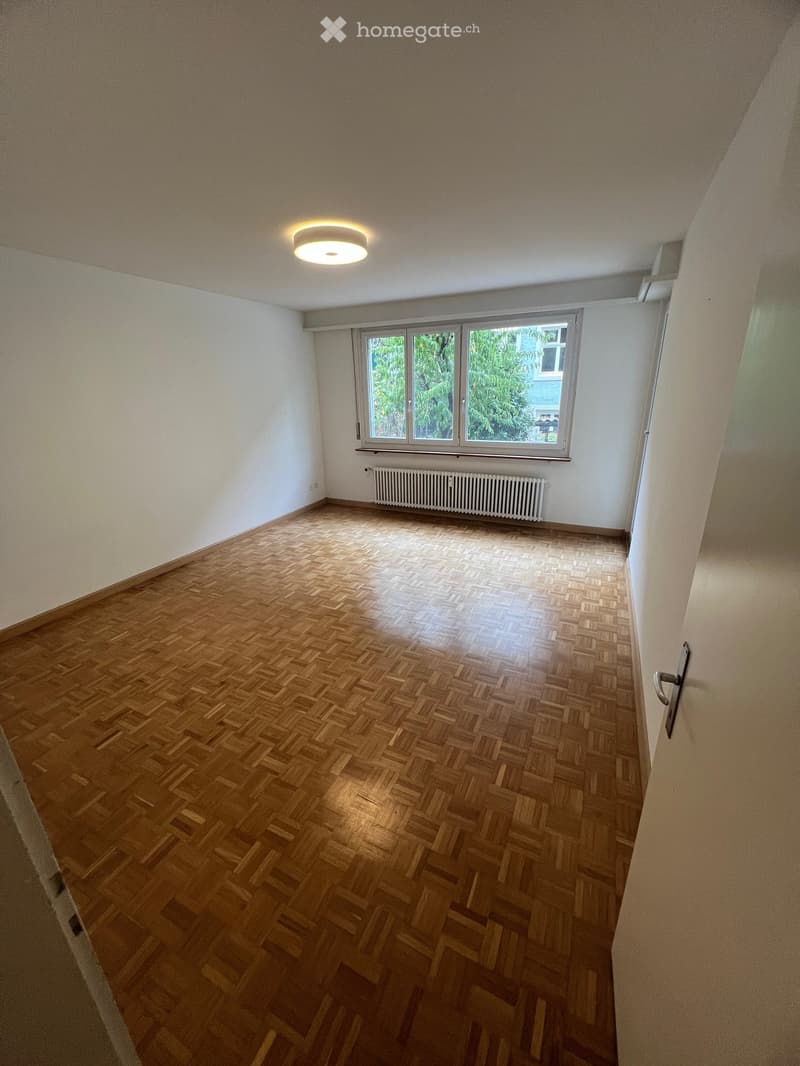 Empty room with wooden herringbone flooring, white walls, large window with view of greenery, radiator, and a ceiling light fixture.