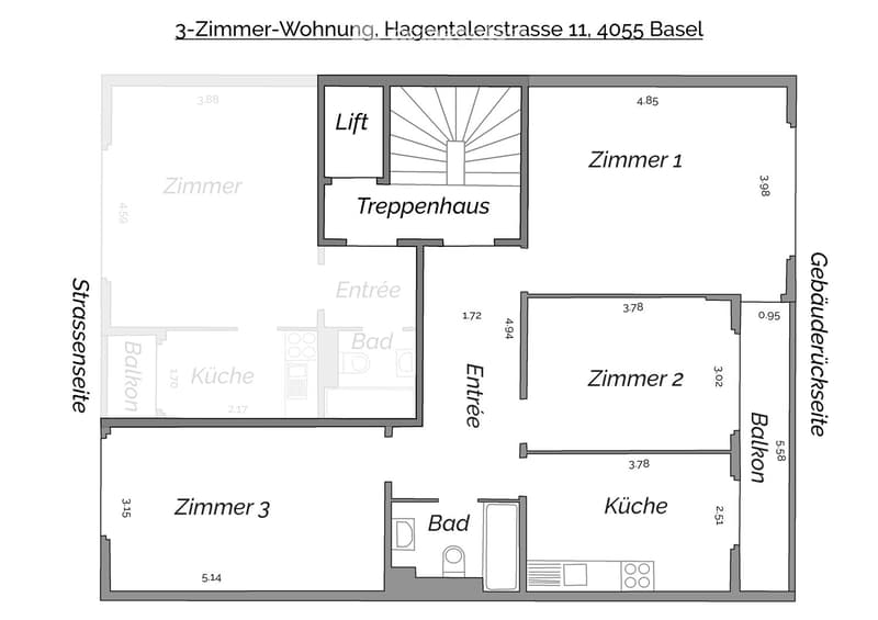 Floor plan of a 3-room apartment with labeled rooms including Zimmer 1, Zimmer 2, Zimmer 3, Küche, Bad, and Entrée. Features a staircase, lift, and balconies.